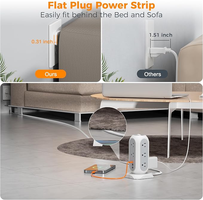 TESSAN Tower Power Strip Flat Plug with 11 Outlets 3 USB (1 USB C), Surge Protector Tower 1625W/13A,1050J Protection, 15 Feet Extension Cord with Multiple Outlets, Dorm, Office Desk Supplies, Grey