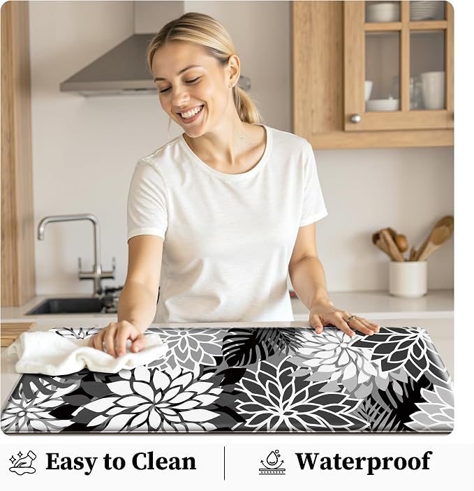 Arenarug Kitchen Mats for Floor 2 Piece Cushioned Anti Fatigue Kitchen Mats Waterproof Non Slip Kitchen Mat Rug Set Comfort Foam Standing Mat for Sink, Laundry, Office, Black White