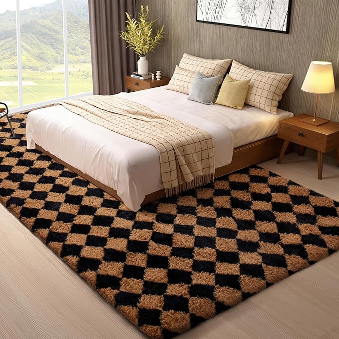 Ophanie 8x10 Black & Beige Diamond Checkered Rugs for Living Room Bedroom,Large Rhombus Fluffy Soft Fuzzy Area Rugs,Plush Shaggy Bedside Floor Carpet Kids Baby Dorm Decor with Over 99 pcs Pile fibers