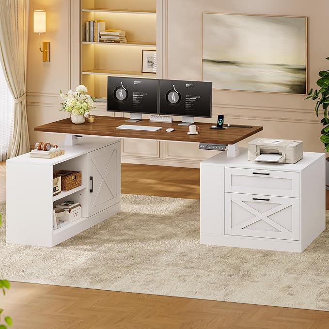 UPOSOJA 71" Farmhouse L Shaped Standing Desk, Electric Height Adjustable Corner Desk with Storage Cabinet & File Drawers, Wood Stand up Computer Desks with Power Outlets for Home Office