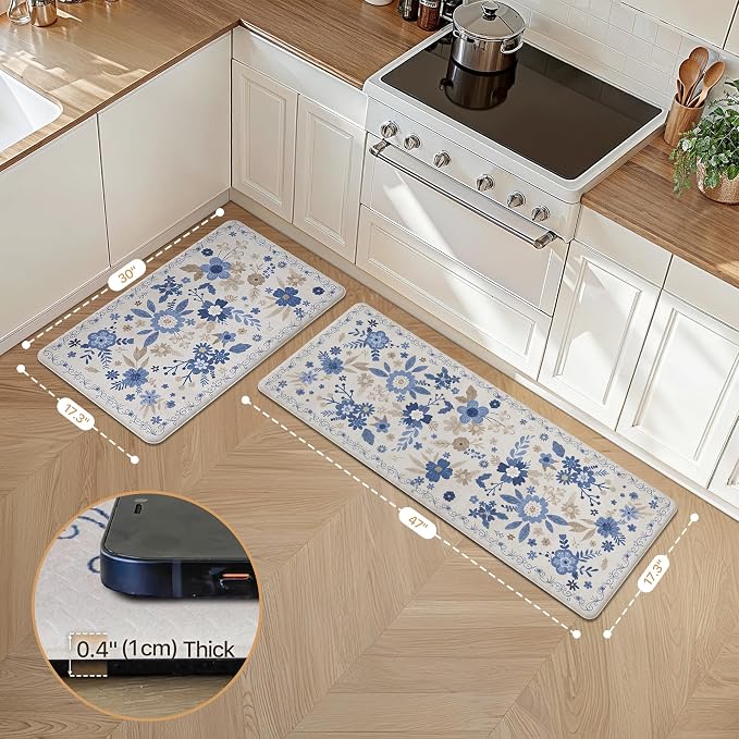 GENIMO Anti Fatigue Kitchen Mats for Floor 2PCS, Cushioned Standing Mats | 17.3"x47"&17.3"x30", Beige Blue vintage floral rug set, waterproof, non slip, easy-clean for farmhouse
