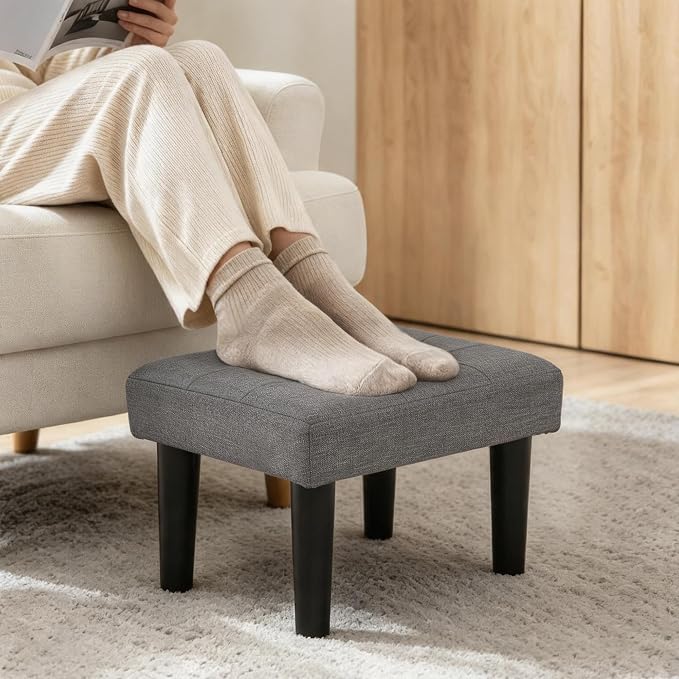 CAROLMADE Footstool Ottoman with Legs, Linen Small Foot Rest Under Desk, Ottoman with Storage for Living Room, Bedroom, Entryway Grey
