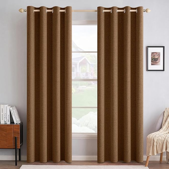 MIULEE 100% Blackout Linen Curtains for Bedroom Thermal Insulated Brown Grommet Room Darkening Curtains & Drapes Fall Decor for Living Room 52 x 84 Inch (2 Panels)
