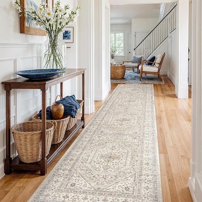 3x14 Runner Rug for Hallway Washable: Non Slip Kitchen Rugs with Rubber Backing Soft Waterproof Mats Stain Resistant Indoor Vintage Carpet Runner for Bedroom Bathroom Laundry Entryway Beige/Gray