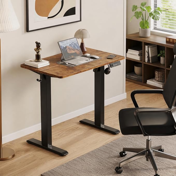 Claiks Electric Standing Desk 32x19 Inch Adjustable Desk, Rustic Brown | 156lbs weight capacity, 3 memory presets, industrial steel frame, cable management hub, adjustable height , easy assembly