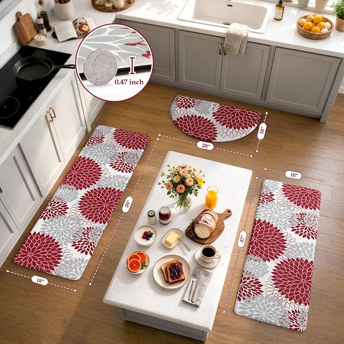 KIMODE Half Circle Anti Fatigue Mats for Kitchen Floor Rug Sets of 3 | 18"x28+18"x47"+18"x59",Red Dahlia Floral Boho,Half Round,3PCS,Non Slip,Waterproof,for Sink Office Laundry Bathroom Decor