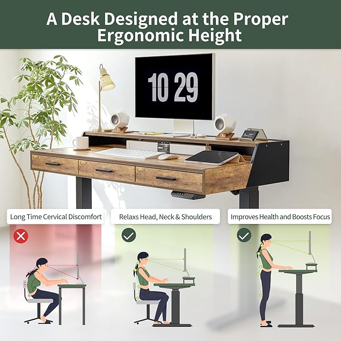 CubiCubi Standing Desk 55x26 Inches with 3 Wood Drawers and Monitor Shelf, Ergonomic Rising Home Office Desks, Height Adjustable Computer Desk, Sit Stand Up Electric Workstation Table, Rustic Brown