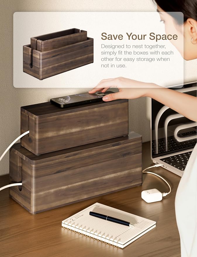 TIDITA Set 2 Wooden Large Cable Management Box Round Edge (Walnut Color) | Set of 2 Sizes, Cable Slots, Magnetic Lid, Non-Skid Pads, Solid Acacia Wood, Wooden Power Strip Box, Surge Protector Box