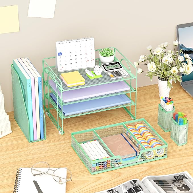 Marbrasse 4-Tier Paper Tray Organizer with Drawer and Pen Holder, Green | Metal Mesh Desk Organizer, Built-in Drawer & 2 Pen Slots, fits letters/Files, for School Home Office Supplies