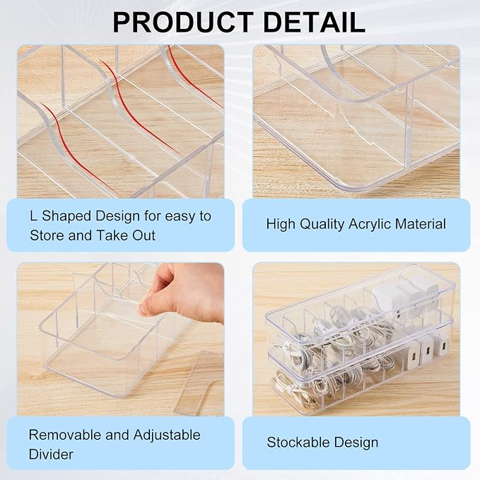 Tatuo 8 Pcs Cord Organizer for Drawer Desktop, Cable Organizer Box with 8 Compartments and Wire Ties, Plastic Charger Storage with Lid, Electronics Case for Home Office Accessories (Small,Clear)