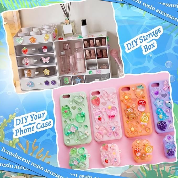 Giegxin 40 Pcs Colorful Slime Resin Charm Bear Peacock Flower Fruit Lollipop Flatback Cabochon Accessories Cute Embellishments Bulk for Jewelry Cellphone Case Scrapbooking Headband DIY Craft Making