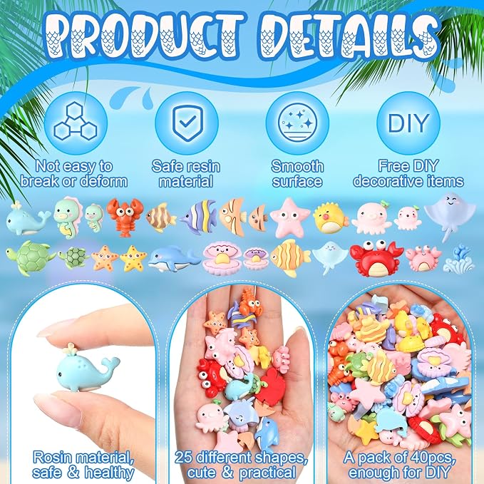 Giegxin 40 Pcs Summer Resin Charms Sea Animals Crab Dolphin Shell Starfish Flatback Cabochon Accessories Cute Embellishments Bulk for Jewelry Cellphone Case Scrapbooking Headband DIY Craft Making