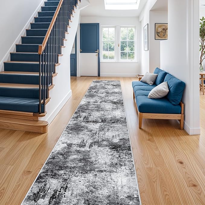 3x14 ft Long Hallway Runner Rug: Modern Abstract Washable Non-Slip Kitchen Runner Wide Throw Indoor Carpet for Entryway Bedroom - Ultra Soft Low-Pile Thin Floor Mat for Home Decor (3x14 Black-A)