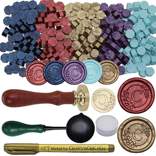 Initial Alphabet D Wax Seal Stamp Set, Retro Letter Sealing Stamp with 150Pcs Sealing Wax Beads in 5 Color, Melt Non Slip Spoon Pen Kit for Wedding and Christmas (D)