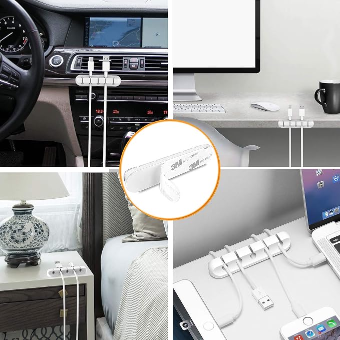 Cord Holder Cable Organizer Clips Cord Organizer for Desk, Nightstands | Self Adhesive, Office, Car, White Silicone Cord Keeper, Cable Management, Wire Holders for phone charger Cords