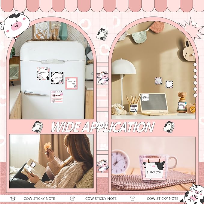 9 Pads Cute Sticky Notes Cartoon Self Stick Notepads 3x3 Inches Notes Adhesive Memo Pad Office Decor Gifts for Students School Teacher Office Meeting(Cow)