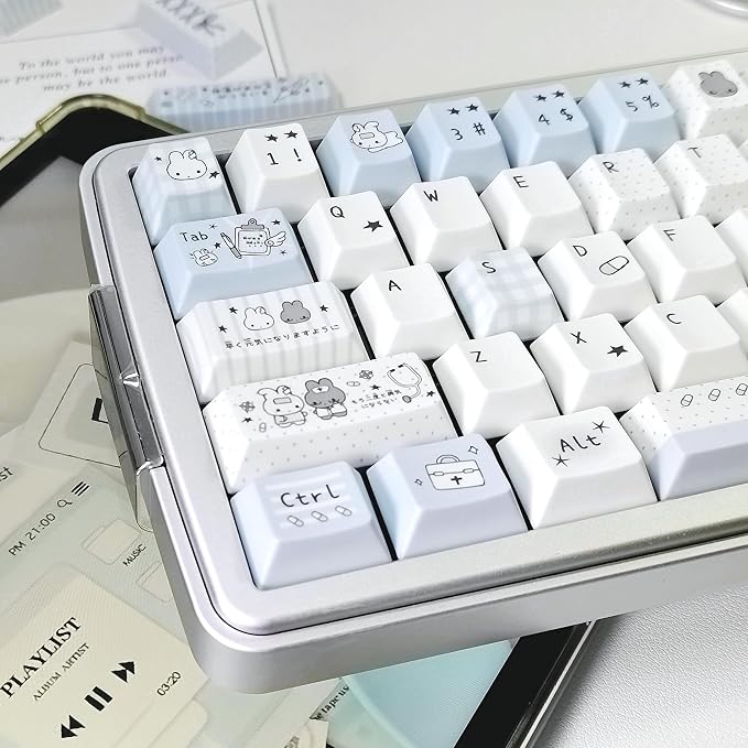 Cute Rabbit Theme Keycaps 140 Keys, PBT Key Cap Set Dye Sublimation, Cherry Profile Blue Keyboard Keycap, Custom Keycaps for Cherry MX Switches Mechanical Gaming Keyboard 60% 75% 100%