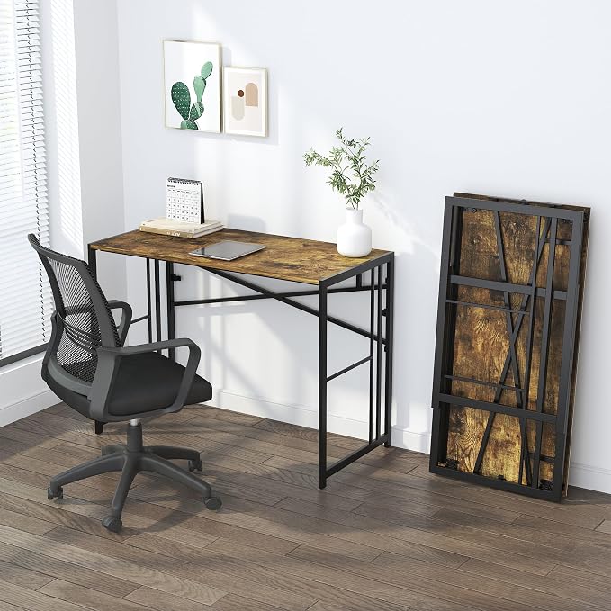 Lutown-Teen 40 inch Folding Computer Desk, Writing Gaming Computer Camping Desk, No Assembly Required Home Office Table, Rustic Brown