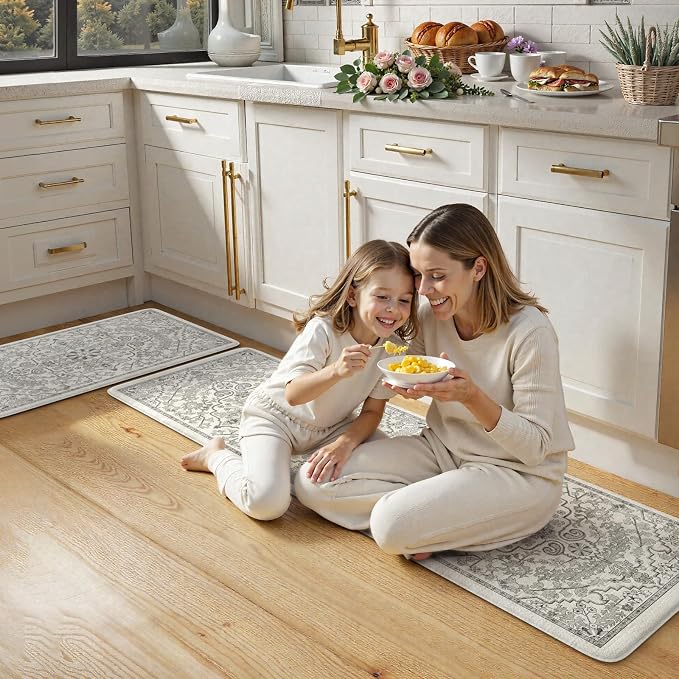 KIMODE Anti Fatigue Kitchen Mats for Floor, Boho Distressed Kitchen Rugs | 2 Piece Memory Foam Cushioned Kitchen Floor Mats, Summer Standing Desk Mats for Laundry Office Sink Grey 20"x59"+20"x32"
