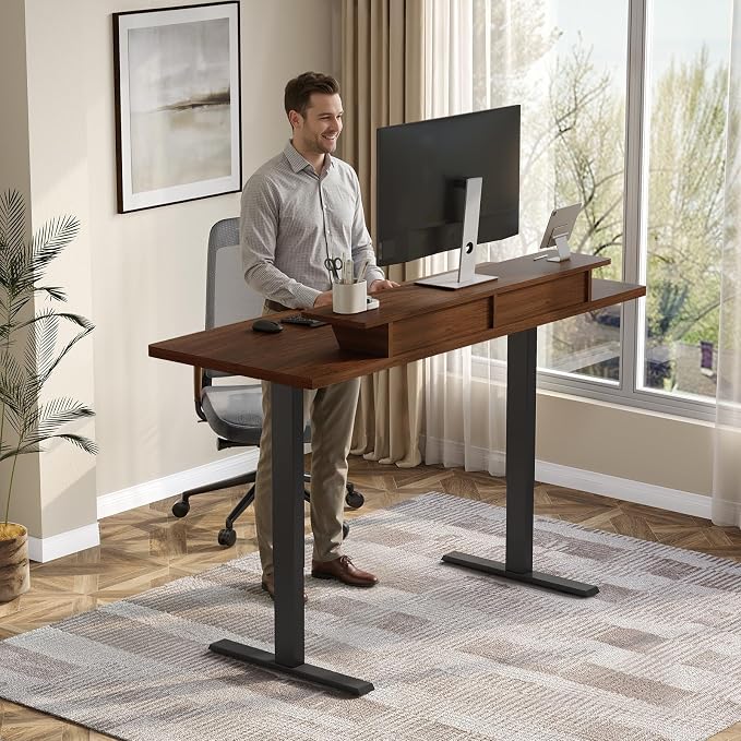 63 x 24 Inches Electric Standing Up Desk with Monitor Shelves,Height Adjustable Computer Desk from 28-46''with Memory Controller,Modern Home Office Desk for Work,Study,Walnut