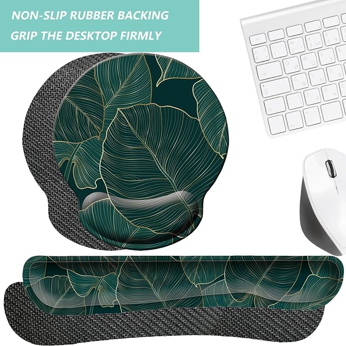 Keyboard Wrist Rest Pad Mouse Pad with Wrist Support Set of 3, Mousepad with Non-Slip Rubber Base, Ergonomic Memory Foam Mouse Wrist Cushion Support for Home Office Laptop Computer, Green Leaves