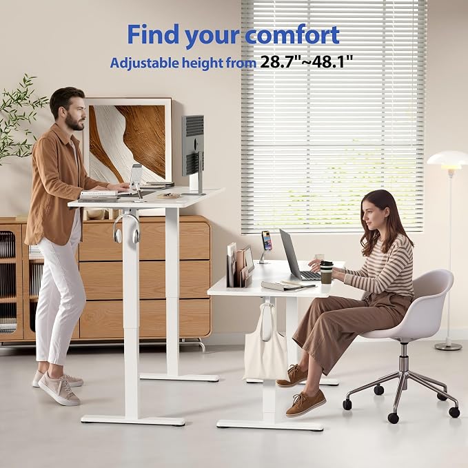 YESHOMY Height Adjustable Electric Standing Desk, 63 x 24 Inches Memory Home Office Sit Stand up Desk with Phone Holder and USB Charging Port, White