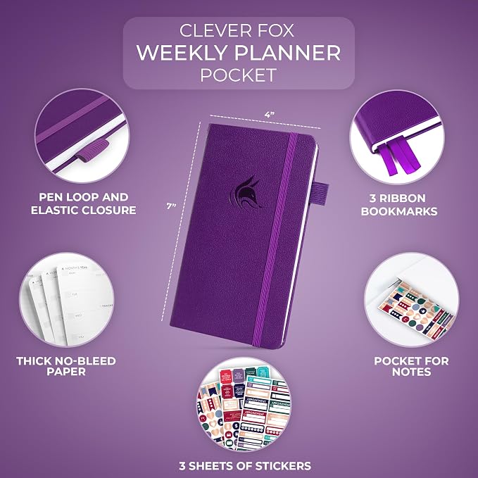 Clever Fox Pocket Planner Weekly – Undated Monthly Goal Planner and Calendar, Mini Planner Perfect for Purse, 3.7x6.7" (Purple)