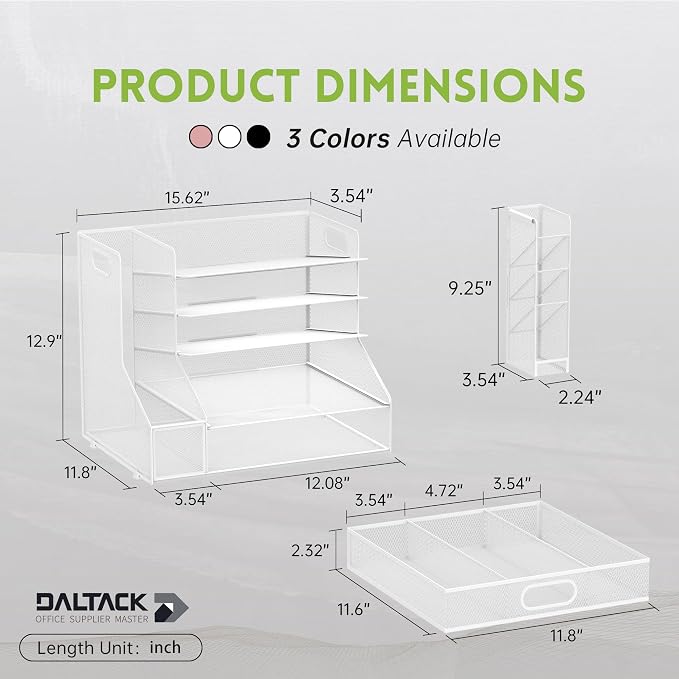 5-Tier Desk Organizer with File Holder & Pen Holder & Sliding Drawer, White | Mesh Metal Paper Letter Tray for Papers, Mail, Office Supplies, and Desk Accessories