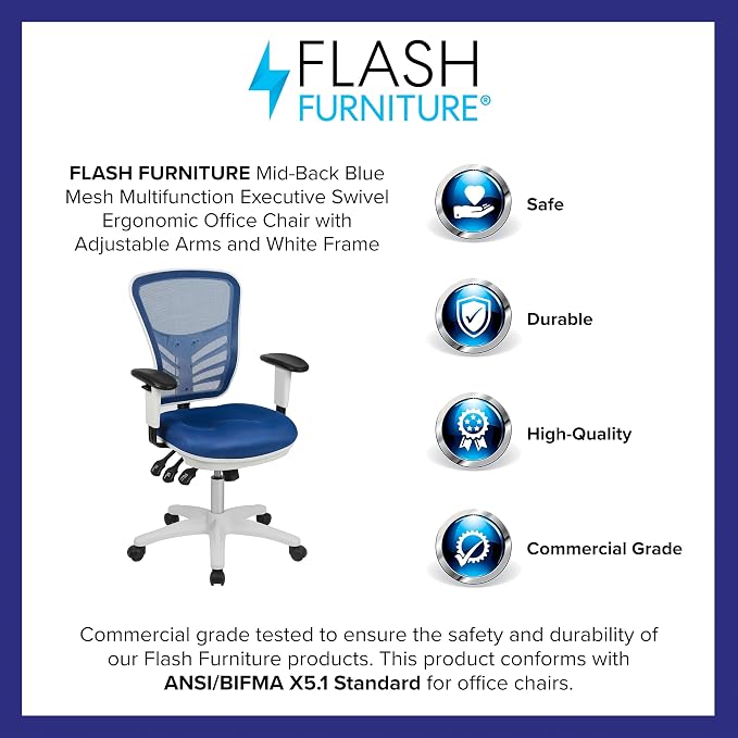 Flash Furniture Nicholas Mid-Back Blue Mesh Multifunction Executive Swivel Ergonomic Office Chair with Adjustable Arms and White Frame