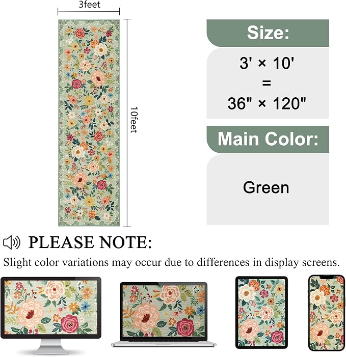 DUKINO 3x10 Runner Rug for Hallway, Washable Kitchen Floral Runner Rug with Non Slip Backing, Low Pile Soft Boho Carpet for Kitchen, Hallway, Entryway, Laundry, Bedroom, Green