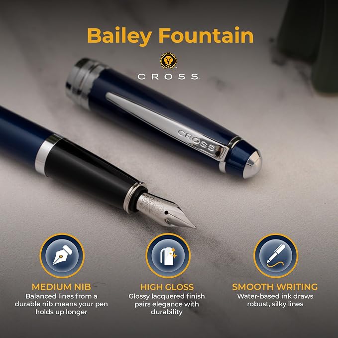 Cross Bailey Engraved Fountain Pen, Blue Lacquer with Chrome Trim, Medium Nib, Proprietary Cartridge, Personalized Gift for Graduation, Career Advancement, Writers, Gift Box Included