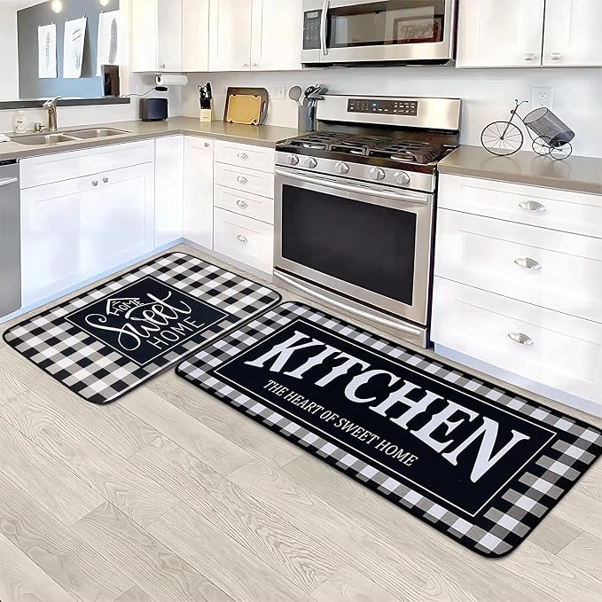 Voanos Kitchen Rugs,Non Skid Washable Microfiber mats for Kitchen Floor, Black and White Buffalo Plaid Kitchen Cushioned Runner Rug Decor Sets of 2,Size 17"x 47"+17"x 30"