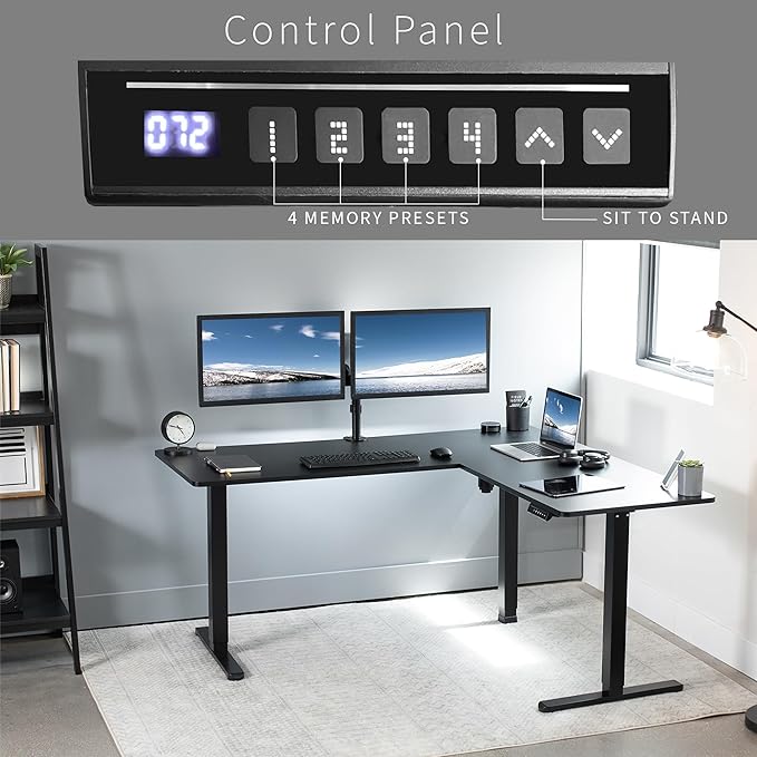 VIVO Corner Standing Desk, 63 x 55 inch Reversible L-Shaped Workstation, Electric Height Adjustment, Home, Office, and Reception Rooms, Black Table Top Black Frame, DESK-E3CTB