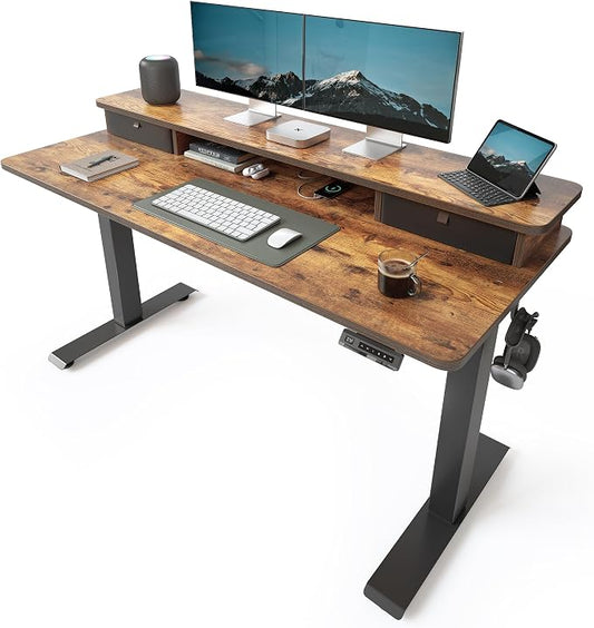 55x24 Inch Electric Standing Desk with Double Drawers, Adjustable Feet & Hooks, Ergonomic Home Office Workstation, Rustic Brown