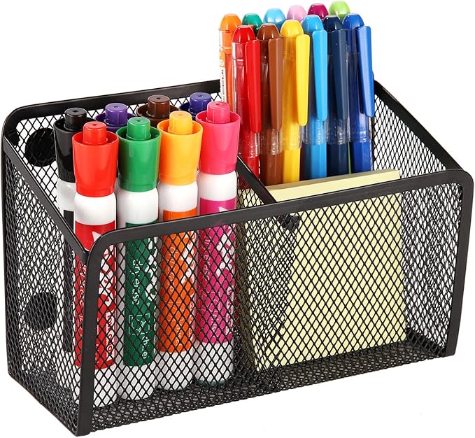 Ameceres Magnetic Pencil Holder - Extra Strong Magnets Mesh Marker Holder Perfect for Whiteboard, Refrigerator and Locker Accessories (2-Compartment (1 Pack))
