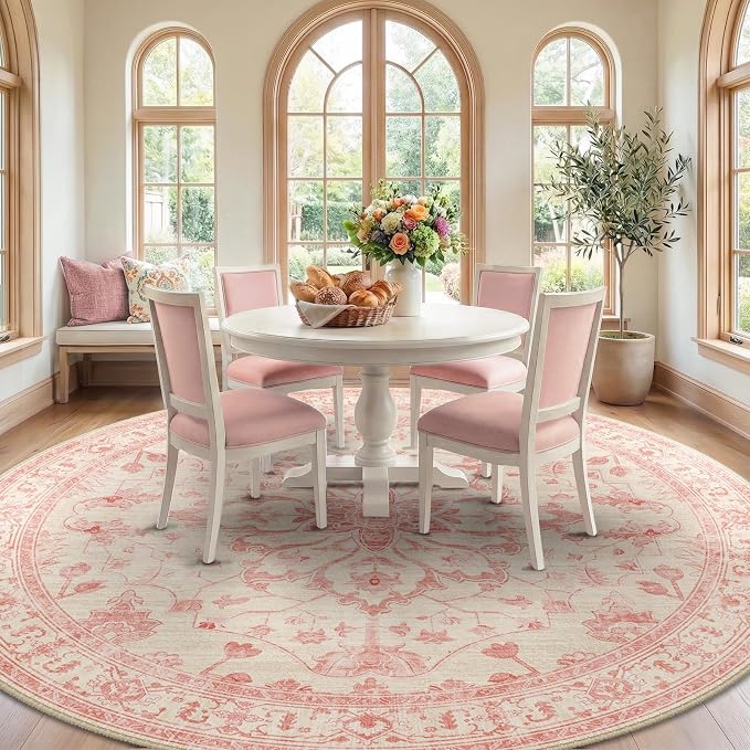 RELEANY Area Rugs Round 8ft Washable Non-Slip, Floral Vintage Distress Medallion Carpet for Living Room Bedroom Dining Room, Pink Light Vintage Pink