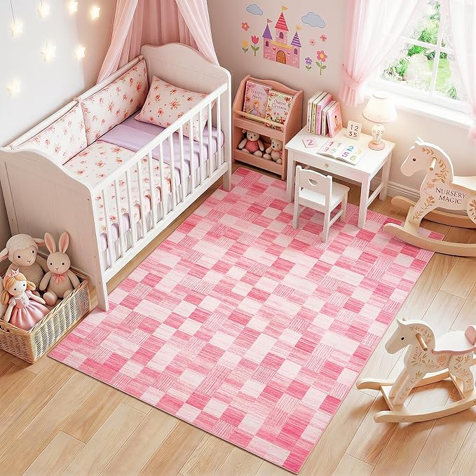 Terrug Pink Checkered Rug for Bedroom, 4x6 Area Rugs Washable with Non Slip for Living Room, Soft Low Pile Stain Resistance Abstract Carpet for Kids Room
