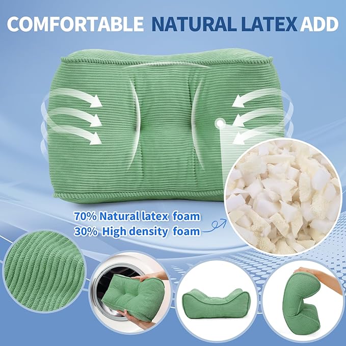Lumbar Support Pillow for Study Desk Chair, Bite-Size Natural Latex Foam Back Support Pillow for Lower Back Pain Relief, Soft & Support Corduroy Office Chair Cushion, S, Green