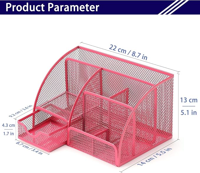 Boutilon Mesh Desk Organizer Desktop Office Supplies Stationary Organizer with 6 Compartments and 1 Drawer Multi-Functional Caddy Pen Holder for Home Office School Desk Decor(Rose Red)