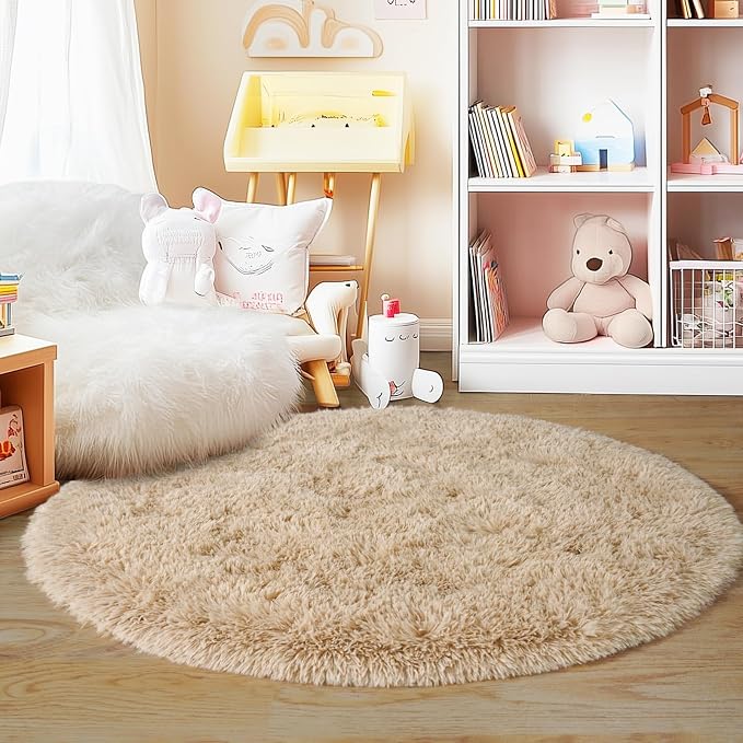 5'x5' Beige Round Rug for Bedroom, Ultra Soft Fluffy Circle Rug for Kids Girls Boys Room, Cute Shag Rugs for Living Room Playroom Tent Castle Home Decor Rug