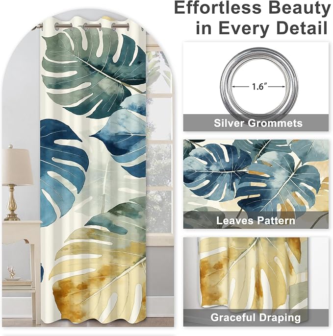 Blackout Curtains for Bedroom and Living Room, Grommet Thermal Insulated Room Darkening Bedroom Curtains, Monstera Leaves Drapes 84 Inch Long 2 Panels Set Light Filtering Reduce Noise Protect Privacy