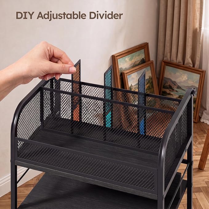 Rolling Art Cart with 4 Drawers, Black | Art Supplies Organizer, 5-Tier Storage, Adjustable Dividers, Anti-Pull Mesh Drawers, Metal Frame, 4 Casters with 2 Locks