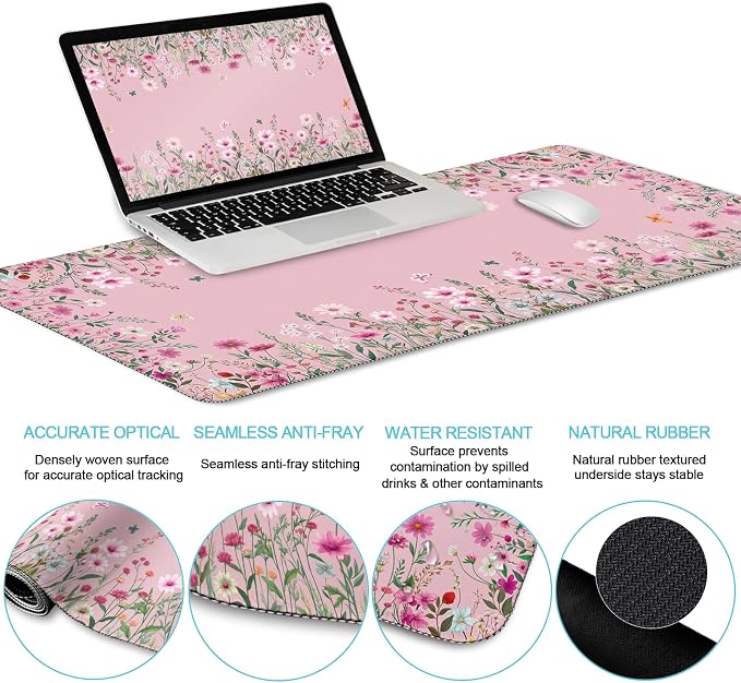 LIMKRIAN Pink Floral Mouse Pad Set, Large Desk Mat for Desktop, Ergonomic Mouse Pad with Wrist Rest for Gaming, Keyboard Mat Wrist Support & Cup Coaster, Cute Home Office Desk Accessories for Women