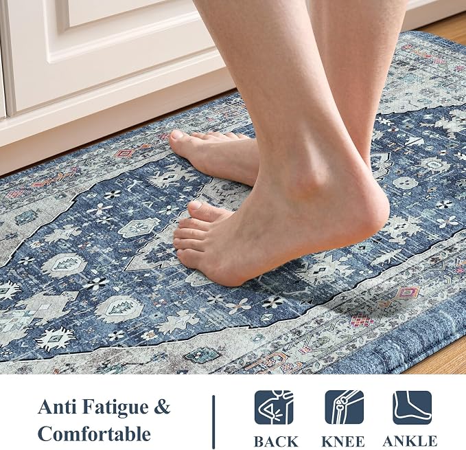 Collive Boho Kitchen Floor Mats, Cushioned Anti Fatigue Kitchen Runner Rugs, Comfort Non Slip Standing Mats for Floor, Laundry, Office, Sink, 17.3''x59'' Dark Blue