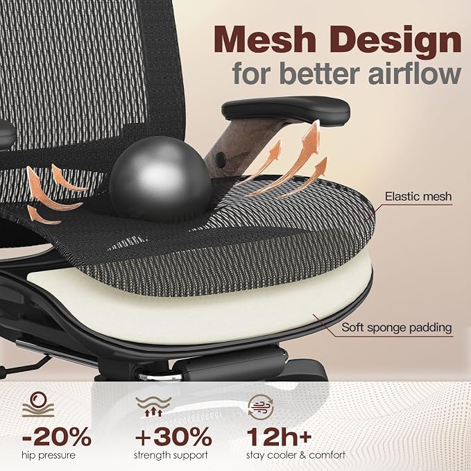 GABRYLLY Ergonomic Office Chair with Footrest, High Back Mesh Computer Chair with Flip-Up Arm, 3D Headrest, 135° Reclining, Rolling Gaming Task Chair with Wide Seat Lumbar Support,300LBS