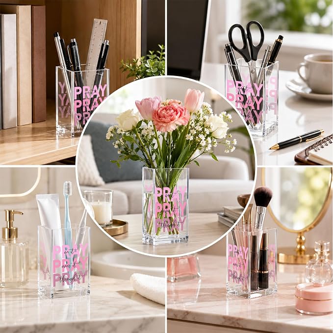 Christian Acrylic Pen Holder Cup, “Pray Over It Prays On It Pray Through It” Bible Verse Desk Decor, Pink Office Desk Organizer, Inspirational Gift for Women, Religious Desk Accessory