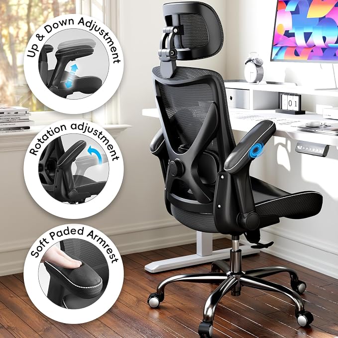 Ergalithic Ergonomic Office Chair-Computer X-Shaped Chair Mesh PU Leather with Adjustable Lumbar Support-Executive Desk Chair High Back with Headrest Flip-Up Arms for Long Hours (Black)