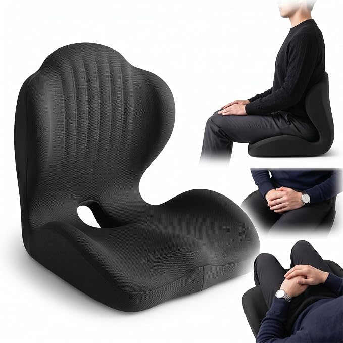 Ergonomic Memory Foam Seat Cushion with Back Support, Contoured for Office Chair, Car, Gaming, and Wheelchair, Breathable & Washable Cover, Black