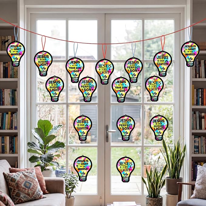 48PCS Sunday School VBS Crafts Bulk: Paper Lightbulb Cross Nativity Suncatchers, Religious Christian Activity DIY Kits Church Decorations, Window Stained Glass Effect Art Supplies(Jesus Style)
