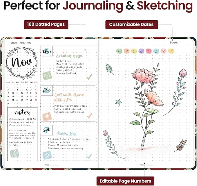 Dotted Journal Notebook for Women & Men, Hardcover Leather Journal for Writing, A5 Dotted Journaling Notebook for Work & Sketching, Perfect for Office School Home Supplies, 160 Pages, Retro Argyle